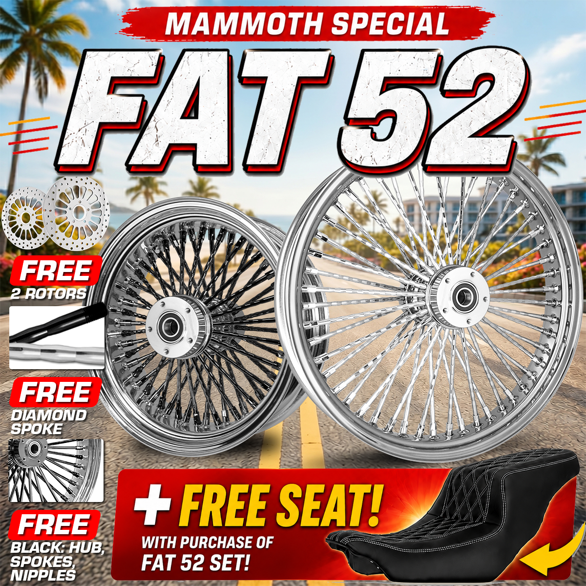 SALE] FAT 52 Spoke Wheel Set – FREE Rotors, Diamond Spokes & Black Po