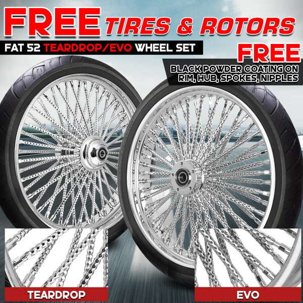 [SALE] FAT 52 SPOKE WHEEL SET + FREE TEARDROP OR EVO SPOKE + BLACK POWDER COATING + TIRES + ROTORS